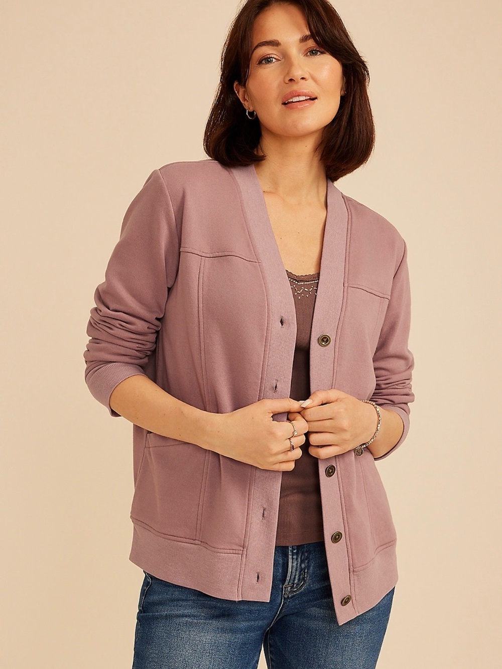 Mauve Button-Front Cardigan